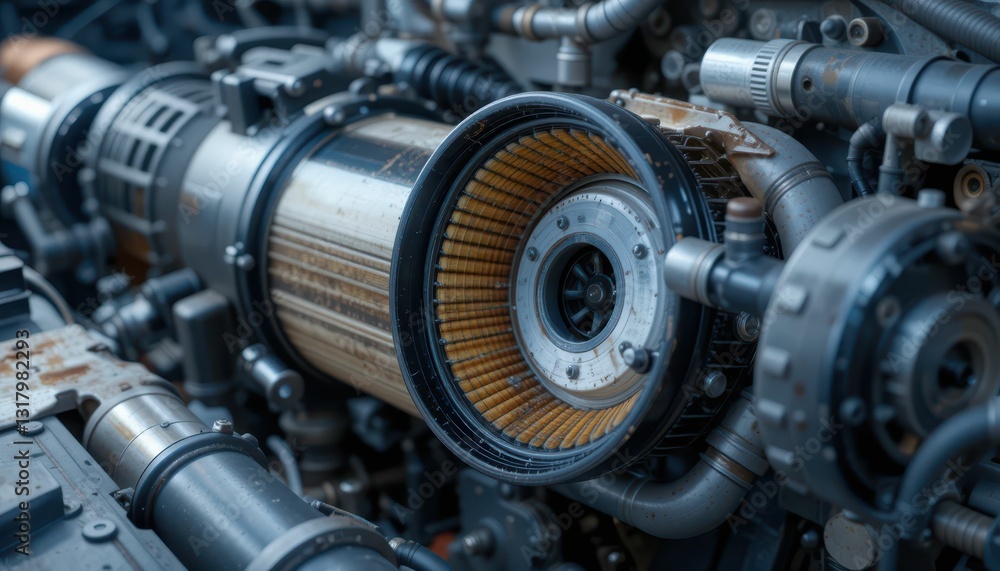 Close-Up of Industrial Engine Component with Air Filter Details Close-Up of Industrial Engine Component with Air Filter Details
