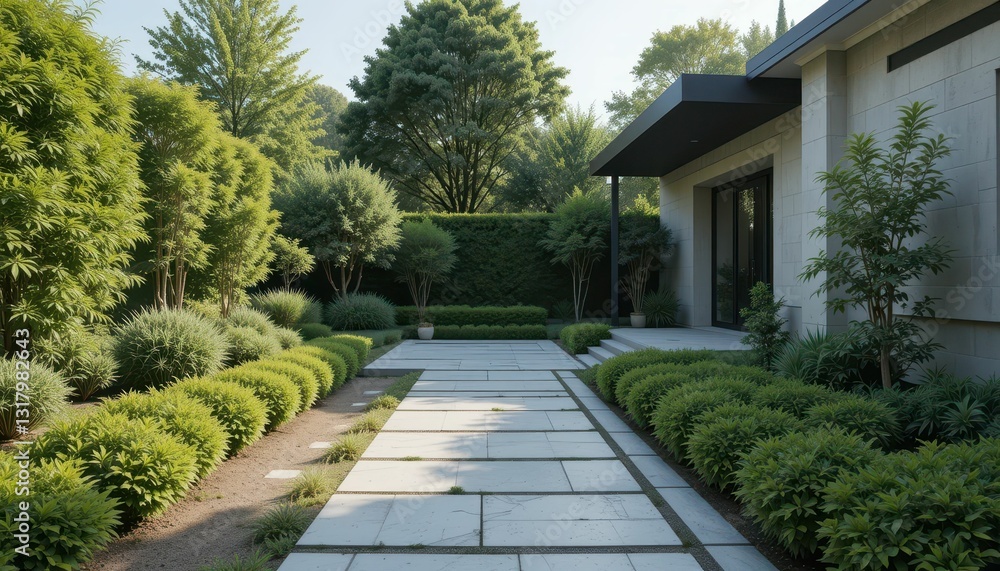 Serene Garden Pathway Surrounded by Lush Greenery and Trees Serene Garden Pathway Surrounded by Lush Greenery and Trees