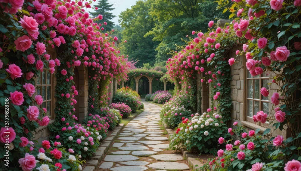 Beautiful Floral Pathway with Lush Roses in Enchanting Garden Setting Beautiful Floral Pathway with Lush Roses in Enchanting Garden Setting