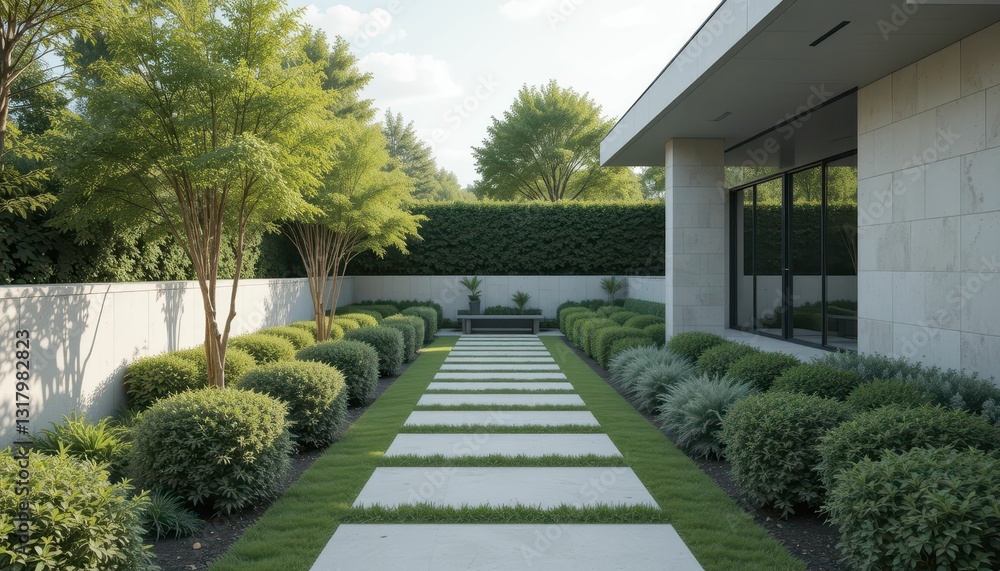 Modern Zen Garden Pathway with Lush Greenery and Clean Lines Modern Zen Garden Pathway with Lush Greenery and Clean Lines