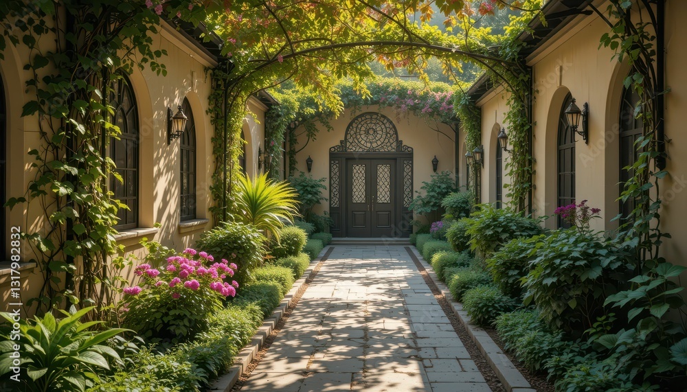 Serene Garden Pathway Surrounded by Lush Plants and Flowers Serene Garden Pathway Surrounded by Lush Plants and Flowers