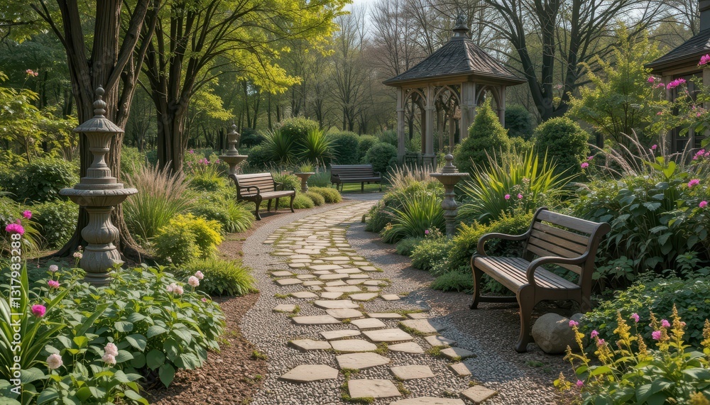 Serene Pathway Through Lush Garden Surrounded by Nature's Beauty
