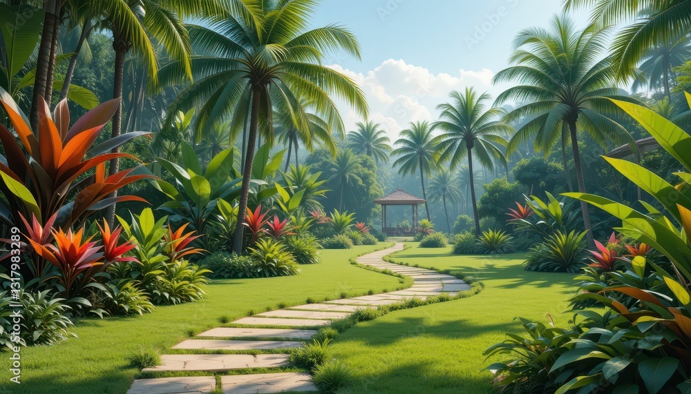 Fototapeta premium Tranquil Garden Pathway Surrounded by Lush Tropical Foliage