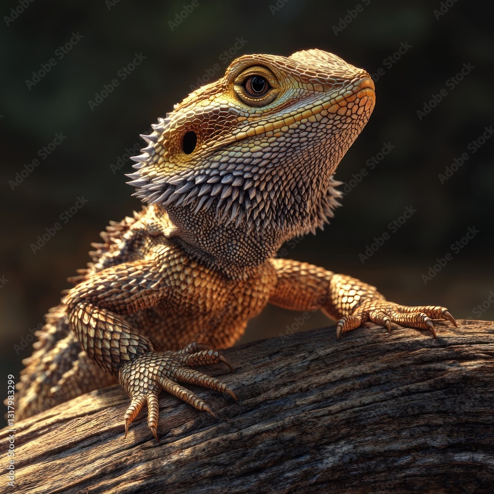 Bearded dragon perched on wood, basking in sunlight Bearded dragon perched on wood, basking in sunlight