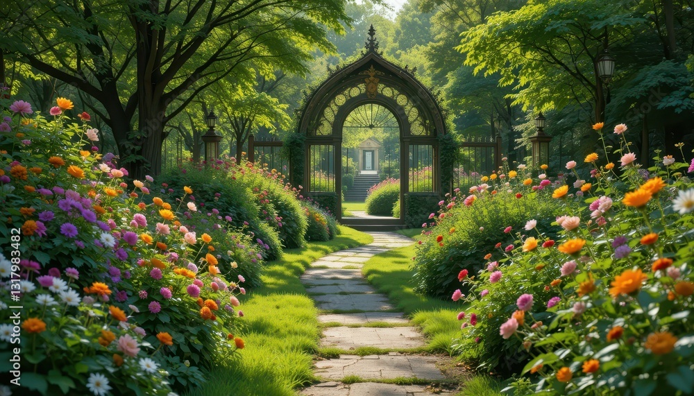 Fototapeta premium Serene Garden Path with Colorful Flowers and Elegant Archway