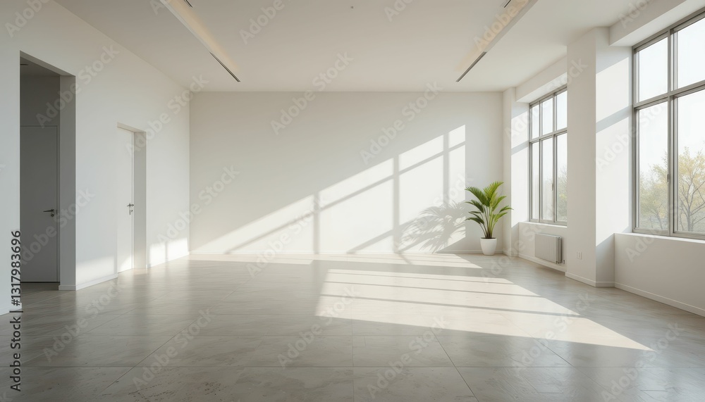Bright and Spacious Modern Interior with Large Windows and Green Plant Bright and Spacious Modern Interior with Large Windows and Green Plant