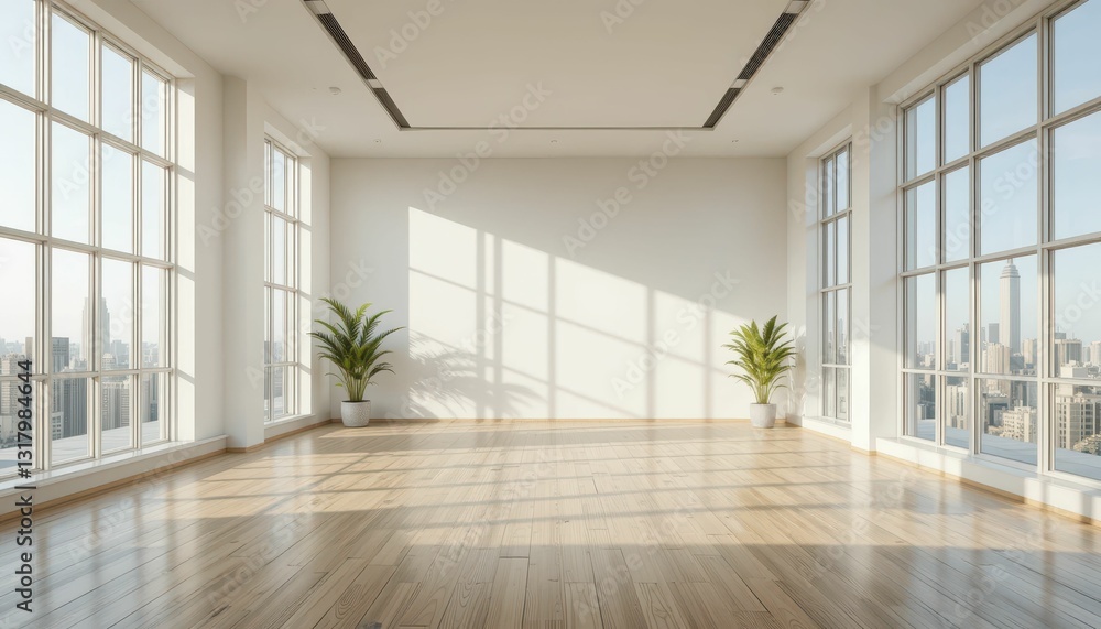 Modern Empty Office Space with Bright Sunlight and City View Modern Empty Office Space with Bright Sunlight and City View