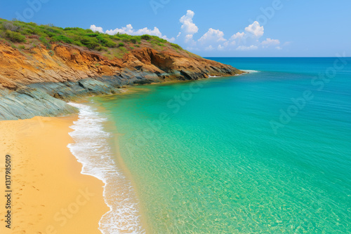 Tropical beach with golden sand and turquoise water, waves gently washing ashore, rocky cliffs covered in green vegetation, peaceful and relaxing summer scenery under a bright blue sky