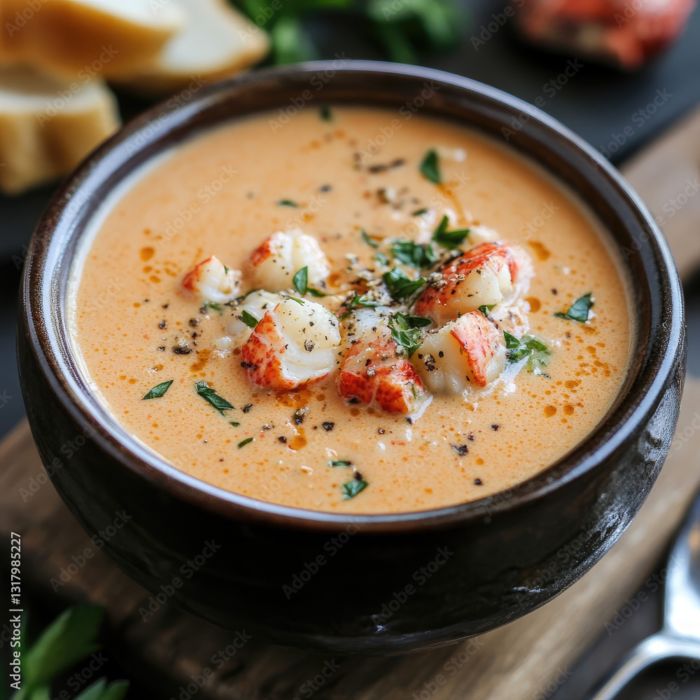 Creamy orange soup topped with seafood, black pepper, and herbs in a brown bowl Creamy orange soup topped with seafood, black pepper, and herbs in a brown bowl
