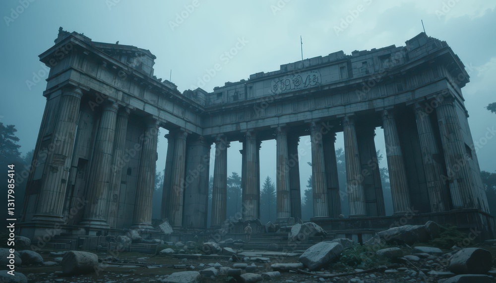 Obraz premium Abandoned Ancient Temple Ruins Surrounded by Fog and Vegetation