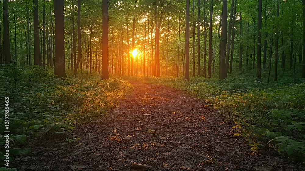 Fototapeta premium sunset in the forest with rays of light passing through the trees