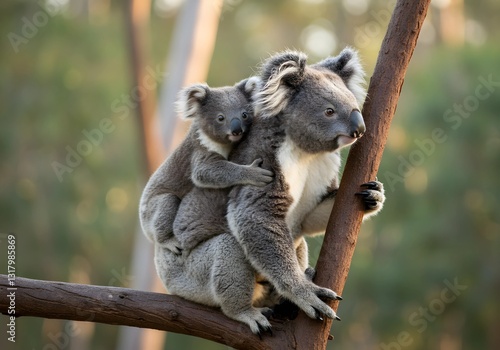 A close-up of a cute koala sitting on a tree branch, surrounded by a lush forest with a soft bokeh background and golden morning sunlight filtering through the leaves