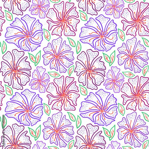 Colorful decorative botanical floral seamless pattern. Hand drawn bright simple flowers with leaves on white background. For textile, wallpaper, print, wrapping, scrapbooking. Spring illustration