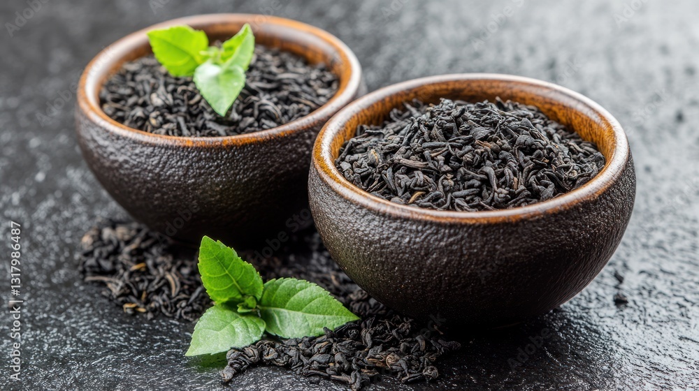 Black tea leaves in bowls on dark surface Black tea leaves in bowls on dark surface