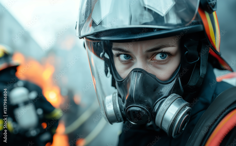 Fototapeta premium focused female firefighter in protective gear stands near blaze
