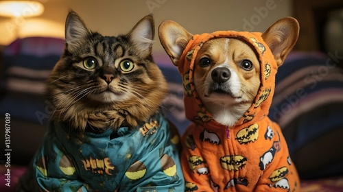 a cat and dog in pajamas looking at camera