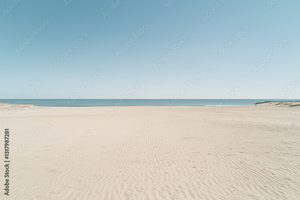 wide view of deserted sand beach under clear blue sky, emphasizing tranquility wide view of deserted sand beach under clear blue sky, emphasizing tranquility