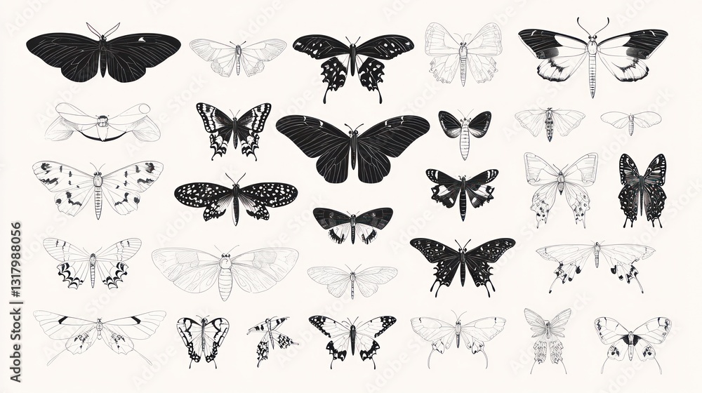 Naklejka premium Monochrome butterfly collection; scientific illustration; white background; educational resource
