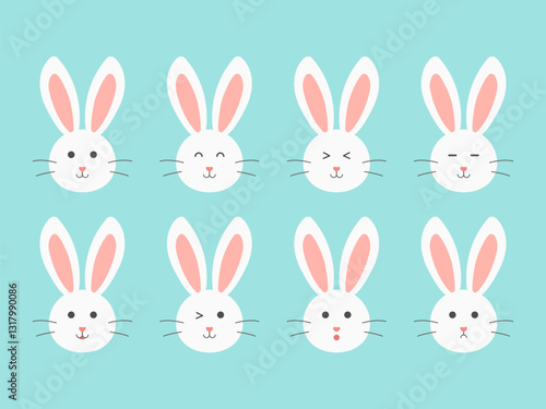 Happy cute white bunny rabbit head in defferent emotion face, cartoon character flat styles for easter holiday, vector illustration