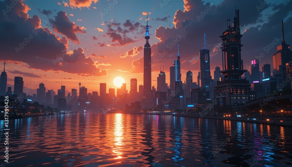 Obraz premium Sunset Reflection Over Modern City Skyline With Dramatic Clouds