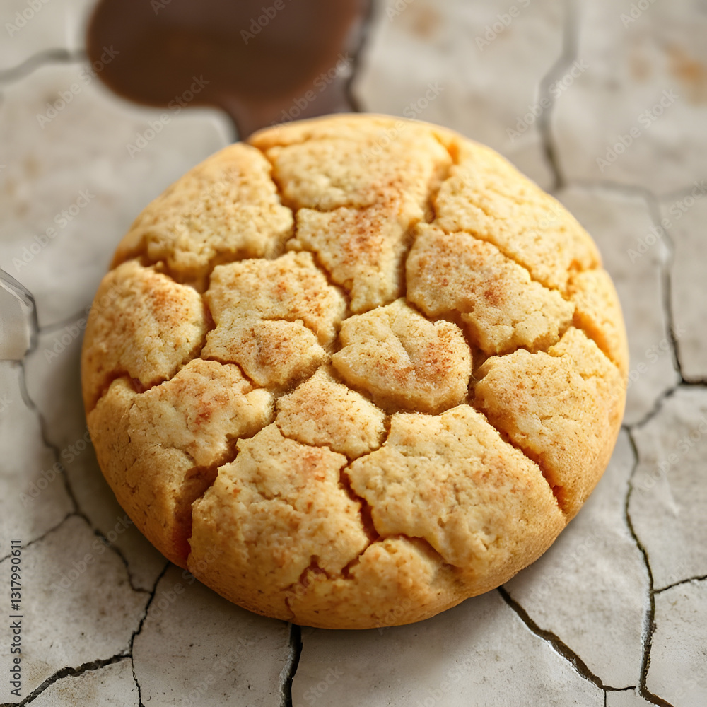 Delicious Close-Up Image of a Single, Freshly Baked Golden Snickerdoodle Cookie with Cinnamon Sprinkles and Chocolate Drizzle. Delicious Close-Up Image of a Single, Freshly Baked Golden Snickerdoodle Cookie with Cinnamon Sprinkles and Chocolate Drizzle.
