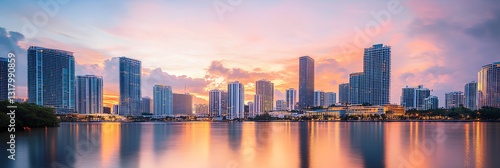 Serene City Skyline Reflection at Sunset
