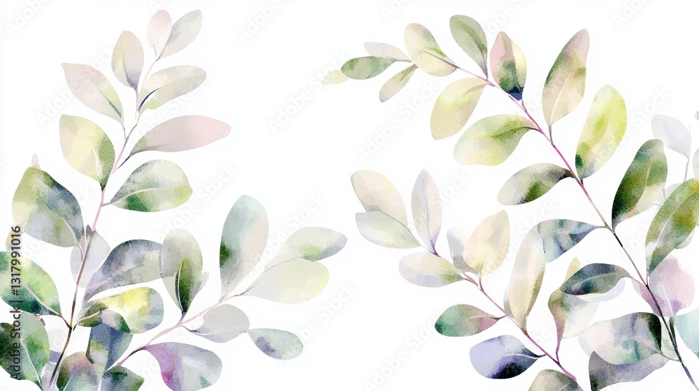 A delicate watercolor illustration of green leaves arranged in a symmetrical pattern, creating a serene and natural aesthetic. A delicate watercolor illustration of green leaves arranged in a symmetrical pattern, creating a serene and natural aesthetic.