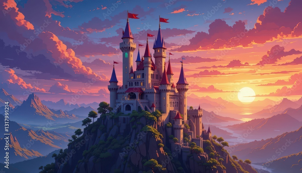 Naklejka premium Enchanted Castle at Sunset with Mountains and Colorful Sky