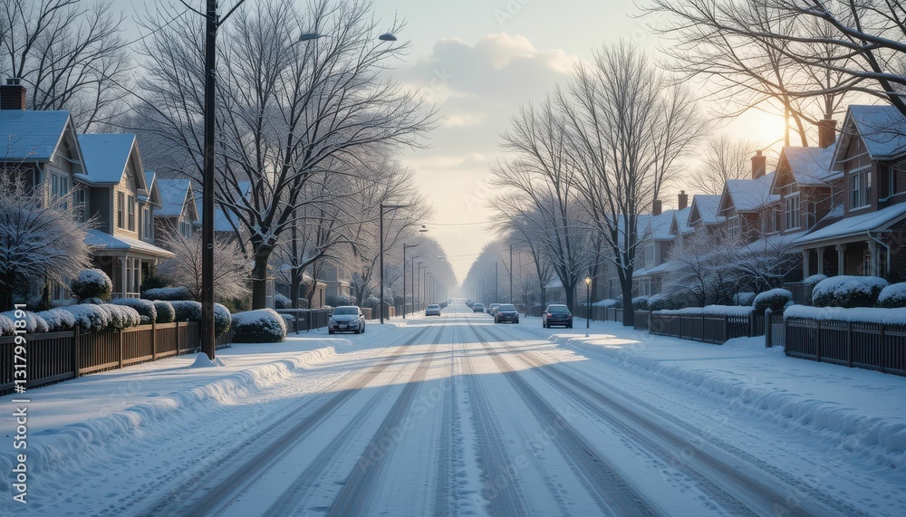Winter Landscape of Snow-Covered Residential Street at Sunrise Winter Landscape of Snow-Covered Residential Street at Sunrise