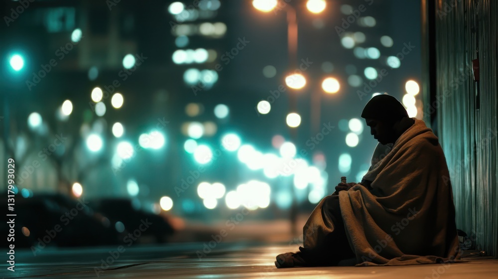 Fototapeta premium Homeless Individual on Dimly Lit City Sidewalk with Blurred Lights