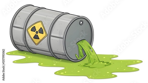 Hazardous Leak: An illustration of a silver barrel, emblazoned with a radiation symbol, spills a vibrant green, potentially hazardous liquid, symbolizing environmental concern.