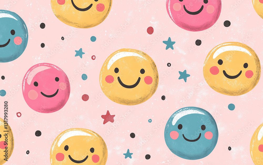 Fototapeta premium Colorful Smiley Face and Star Pattern on Pink Background