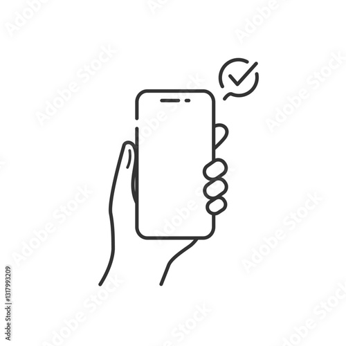 白い画面のスマホを持つ手とチェックマークの完了アイコンのモックアップ