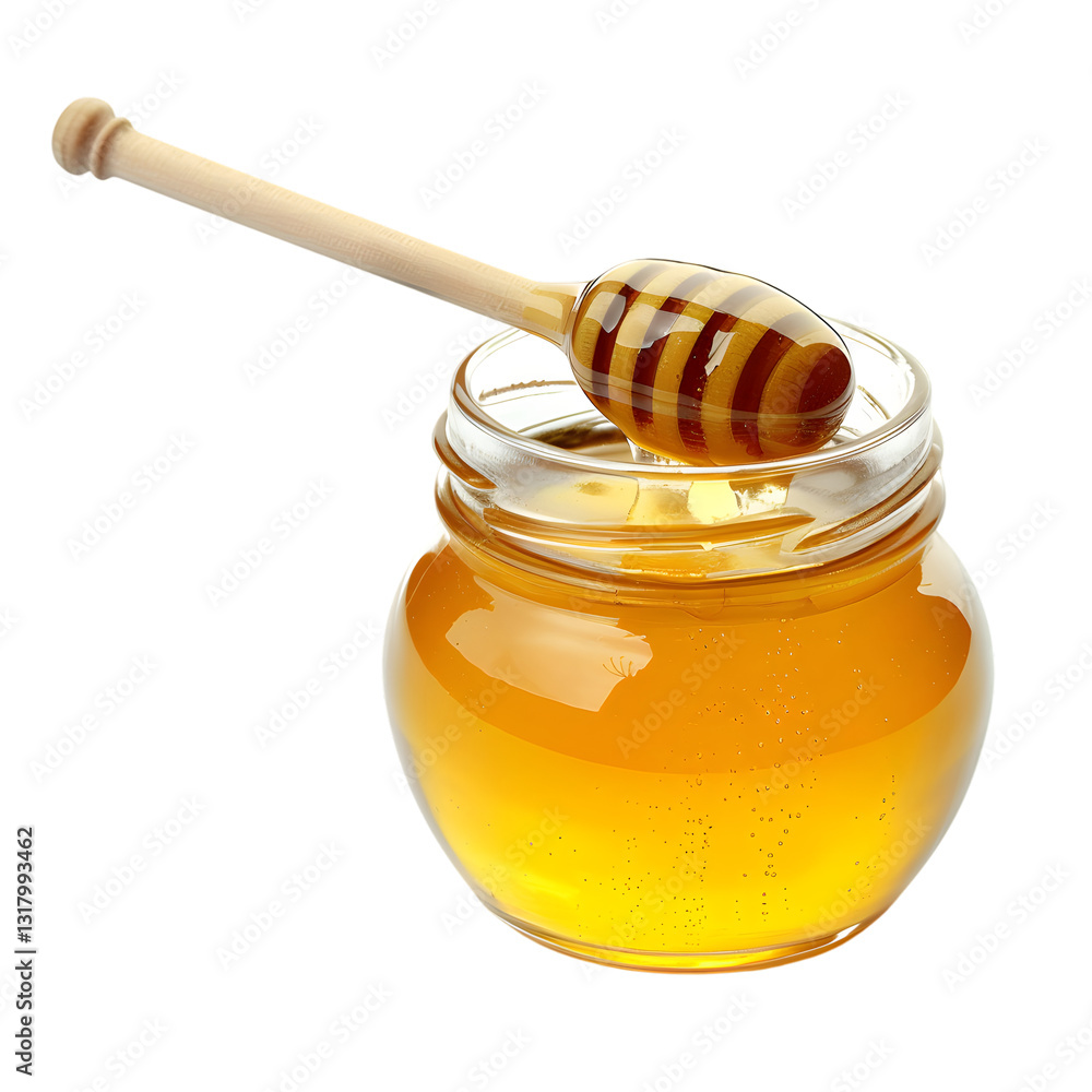 A high-resolution image of a glass jar filled with golden honey, accompanied by a wooden honey dipper A high-resolution image of a glass jar filled with golden honey, accompanied by a wooden honey dipper