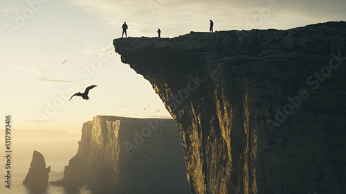 Silhouetted Figures on a Dramatic Coastal Cliff at Sunset
