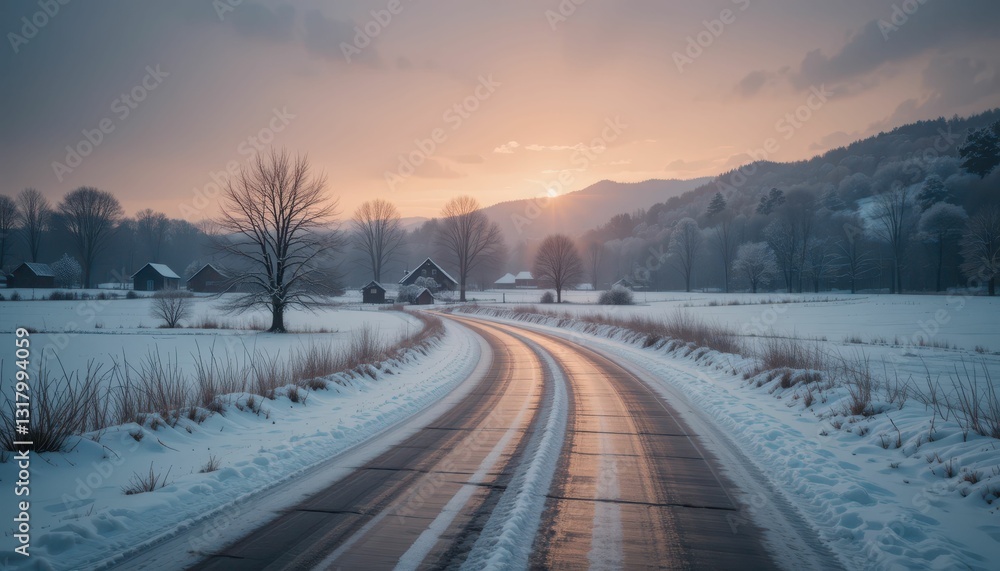 Obraz premium Serene Winter Landscape with Curved Road and Snowy Fields