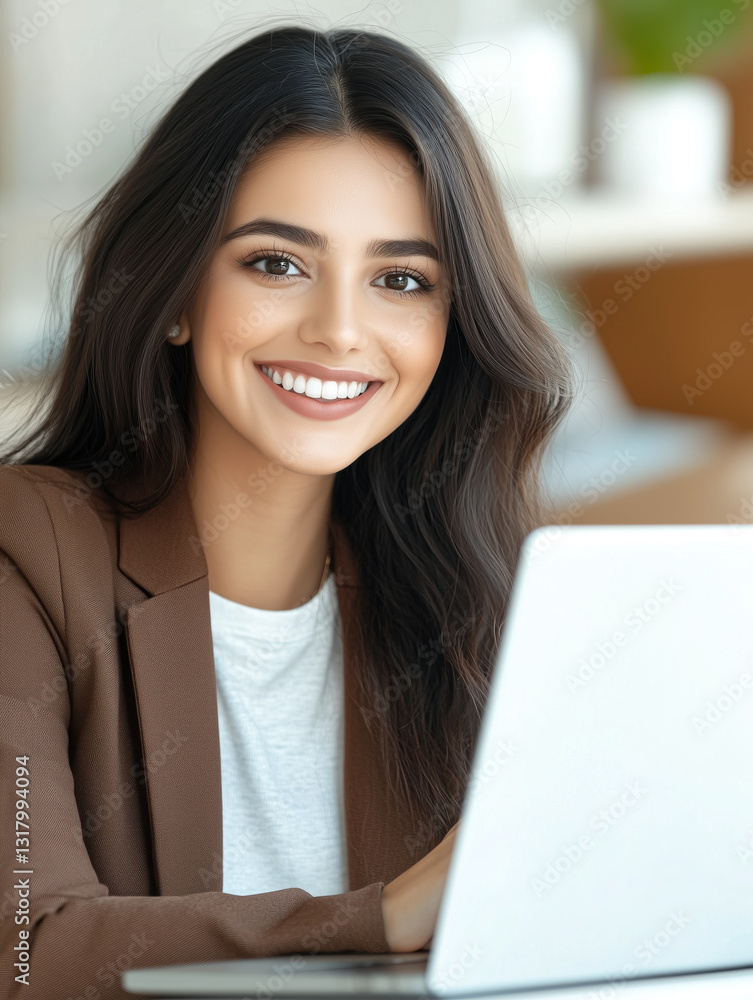 Happy working woman focused on her laptop screen Happy working woman focused on her laptop screen
