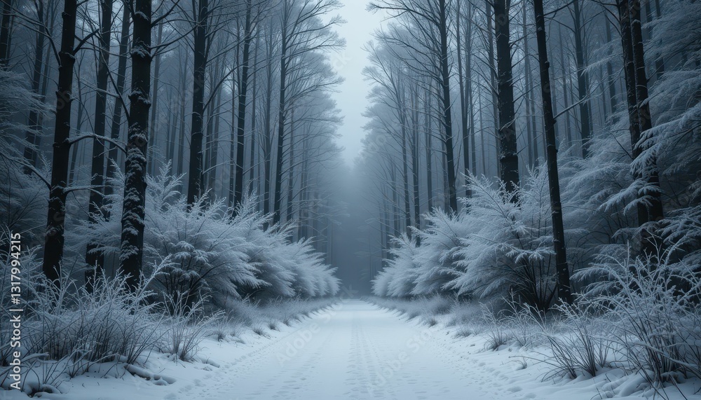 Serene Winter Forest Pathway Surrounded by Snow-Covered Trees Serene Winter Forest Pathway Surrounded by Snow-Covered Trees