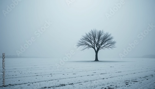 Solitary Leafless Tree in Snowy Winter Landscape Under Gray Sky photo