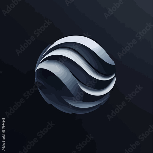 Abstract 3D sphere with layered wavy design on dark background.