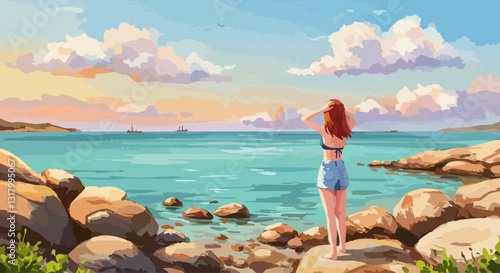 A red-haired girl stands on the beach on a sunny day and looks into the distance. Woman walking alone on beach. Vector illustration for a travel poster. EPS 10 version.