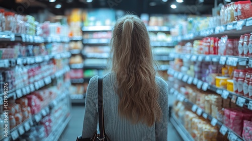 woman stands in front of supermarket shelves with colorful products generative ai