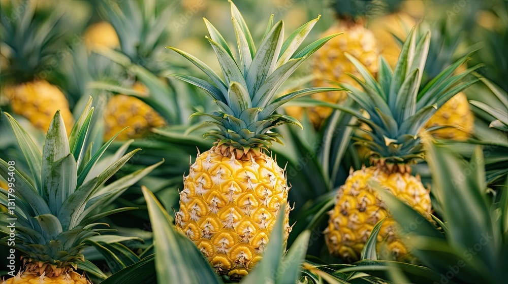 Golden pineapple fruits growing amidst vibrant green foliage, tropical farm Golden pineapple fruits growing amidst vibrant green foliage, tropical farm