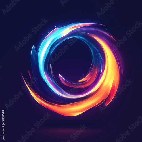 Abstract swirling vortex of light in vibrant colors on dark blue background