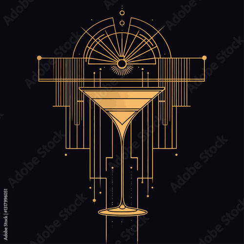 Art Deco Martini Glass Graphic in Gold on Black Backdrop