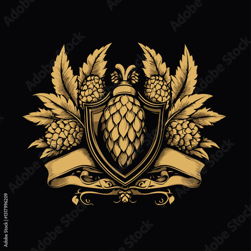 Golden Hop Crest with Shield, Leaves, and Ribbon on Black Background
