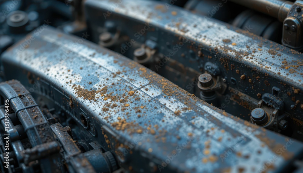 Close-Up of Weathered Engine Parts with Rust and Dust Accumulation Close-Up of Weathered Engine Parts with Rust and Dust Accumulation
