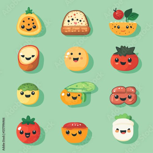 Cute Cartoon Food Characters Smiling, Playful Happy Fruits and Vegetables