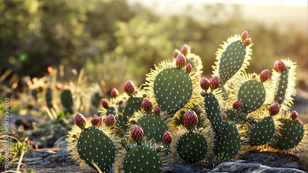 Prickly Pear Cactus Blooming at Sunset in the Desert Prickly Pear Cactus Blooming at Sunset in the Desert