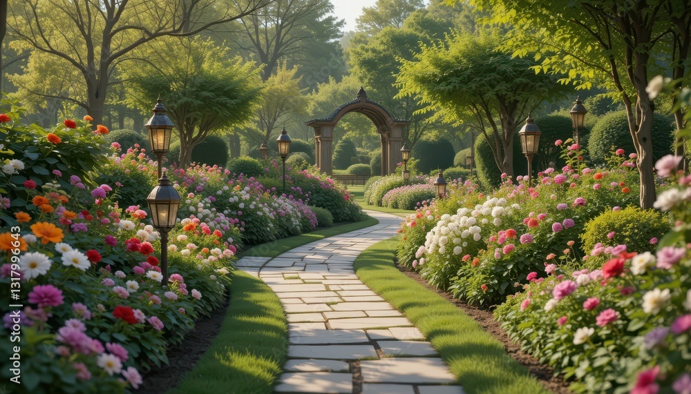 Serene Garden Pathway Surrounded by Colorful Blooms in Springtime Serene Garden Pathway Surrounded by Colorful Blooms in Springtime